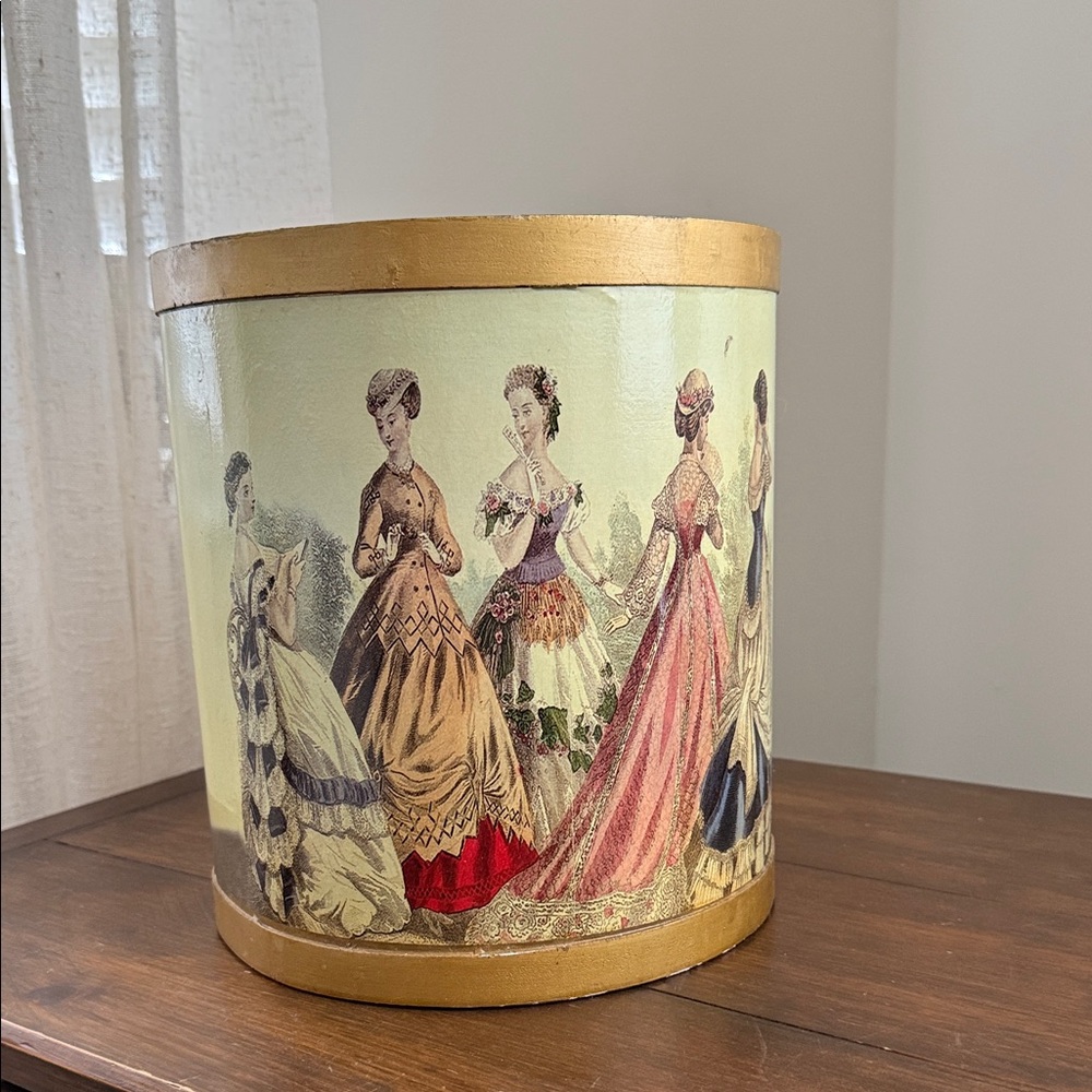 11" Tall Waste Basket Decorated w/ Wonderful Fashion Ladies / Vintage Trash Can